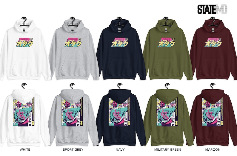 May include: Ten different colour variations of a hooded sweatshirt with a graphic print on the front and back. The front print says "StateMD" in a pink and blue font. The back print is a colourful graphic of a person with a large head and a pink and blue background. The colours of the sweatshirts are white, sport grey, navy, military green, and maroon.