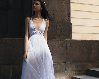 Pin Up Plunge Wedding Gown, White Sparkling Tulle Wedding Maxi Dress, Boho Chic "Daisy" High Waist Dress, Open Back Wedding Dress
