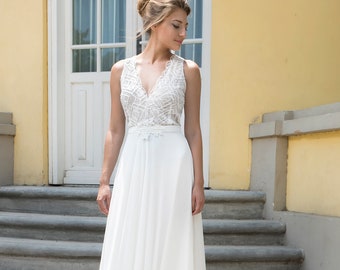 Lace V Neck Wedding Dress, Sleeveless Cream "Vivian" Wedding Gown, Empire Waist Belted Chiffon and Lace Maxi Dress