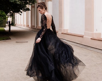 Boho Chic Black Evening Dress, Glamorous Open Back Illusion Lace Open Back Special Occasion Dress, Two Piece Puffed Tulle Bohemian Gown