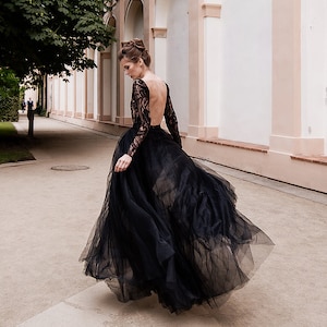 Boho Chic Black Evening Dress, Glamorous Open Back Illusion Lace Open Back Special Occasion Dress, Two Piece Puffed Tulle Bohemian Gown