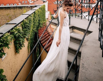Bohemian Lace and Crystals Halter Wedding Dress, Ivory Boho Wedding Gown, "Julia" Chiffon Maxi Dress with Train