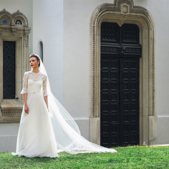 Bell Half-Sleeves Crochet & Chiffon Wedding Dress, Modest Boho Retro Chic Victoria Wedding Gown, A Line Maxi Wedding Dress