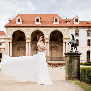 Embroidered Lace Bohemian Wedding Gown with Train, Jessie Cream A Line Romantic Wedding Dress, Backless Dress, Boat Neck Illusion Dress image 5