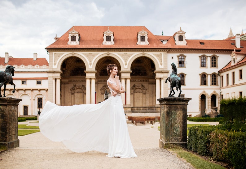 Embroidered Lace Bohemian Wedding Gown with Train, Jessie Cream A Line Romantic Wedding Dress, Backless Dress, Boat Neck Illusion Dress image 5