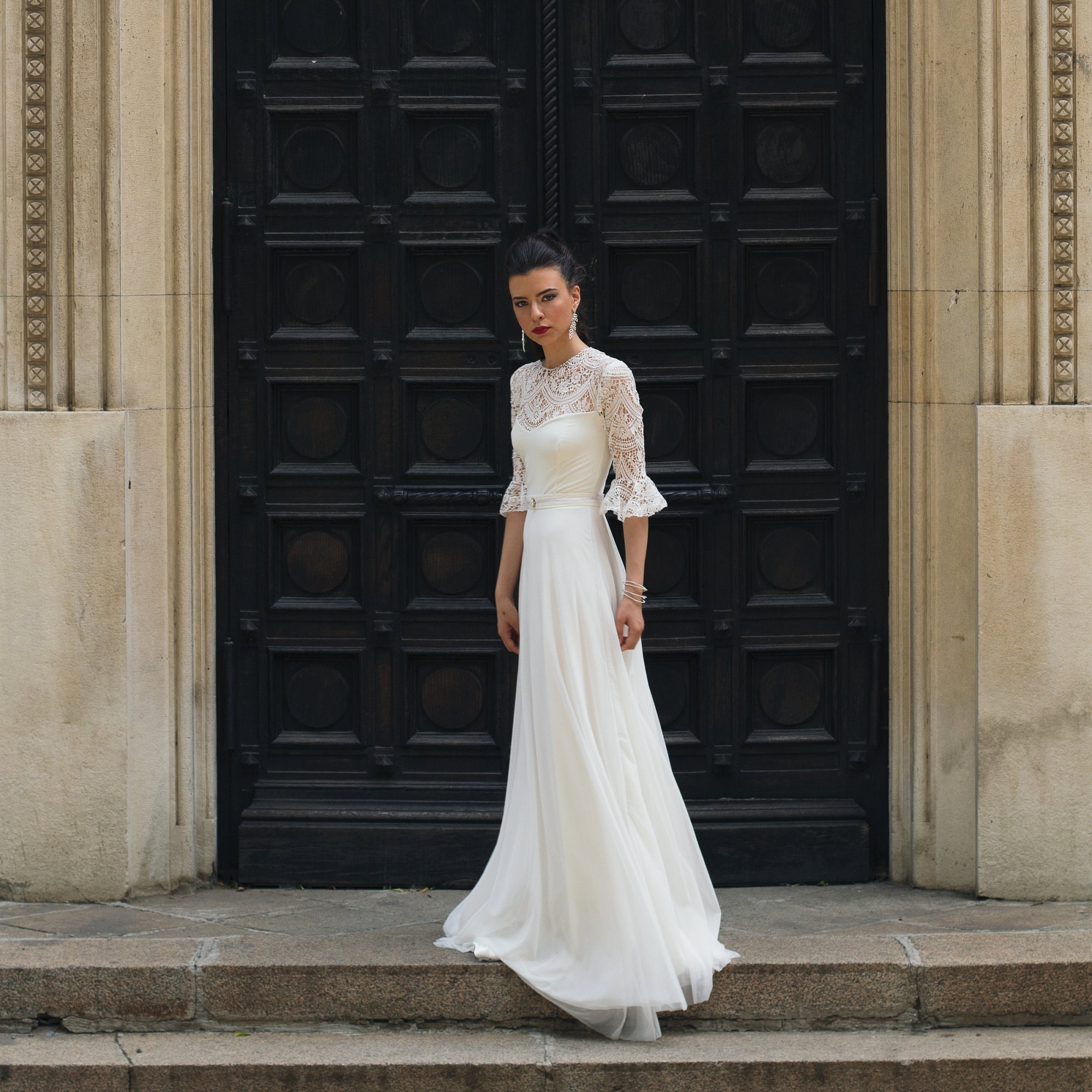 Conservative Crochet & Chiffon Wedding Dress, Bohemian "victoria ...
