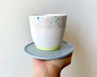Authentic Handmade yellow Base Porcelain Mug, Crystal glaze ( Blue, light green, yellow, white)