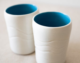 Original Handmade Ceramic, Sky Blue Slim Cup, Porcelain, Carved Texture wave