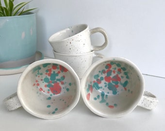 Authentic Handmade Porcelain Speckled cup with colourful splattered inside