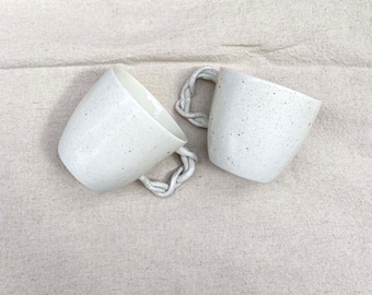 Authentic Handmade Porcelain Speckled Mug, Textured Mug, Twisted Handle, Minimalist design