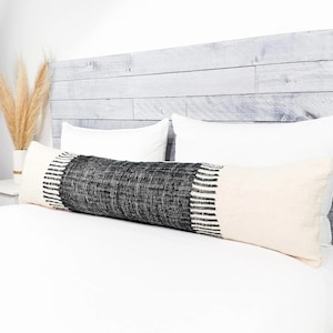 Long Lumbar Pillow Cover, Decorative Lumbar Pillow 12x50, Black, Boho Lumbar Pillow Handmade by Moroccan Berber Artisans. Ships from CA, USA