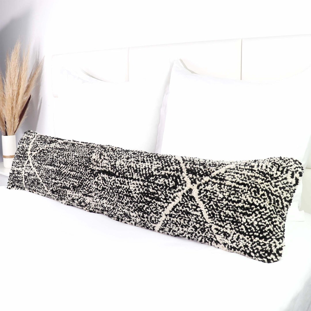 Lumbar Pillow for Bed, 50x12, Black, Boho Long Pillow Handcrafted From