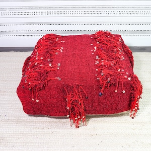 Moroccan Floor Chair, 24&quot;x24&quot;x8&quot;, Red, Floor Cushion Pillow Seating from Wool Handcrafted by Berber Artisans. Ships from California, USA