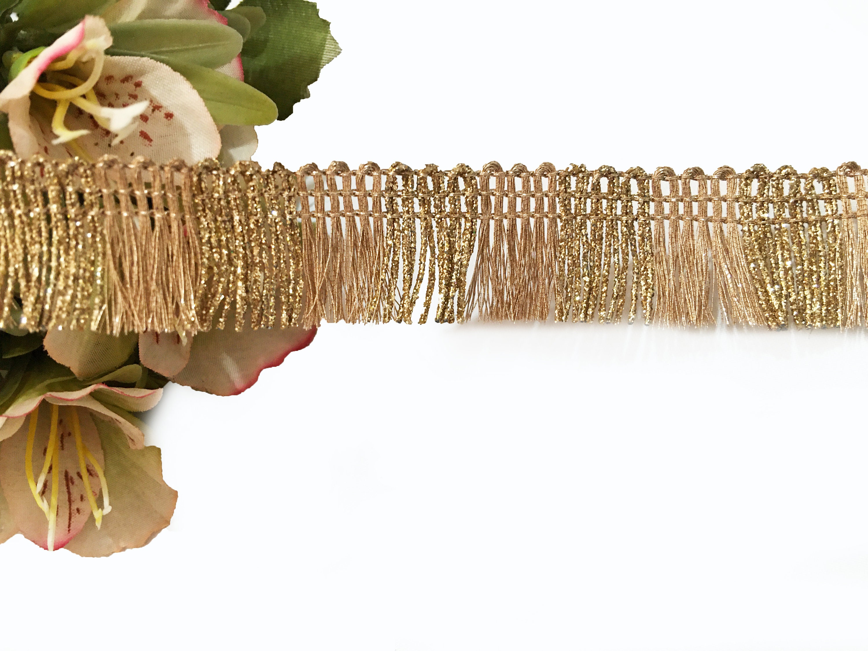 Indian Rose Gold Fringe Lace With Gold Glitter, Kiran Lace, Border Lace