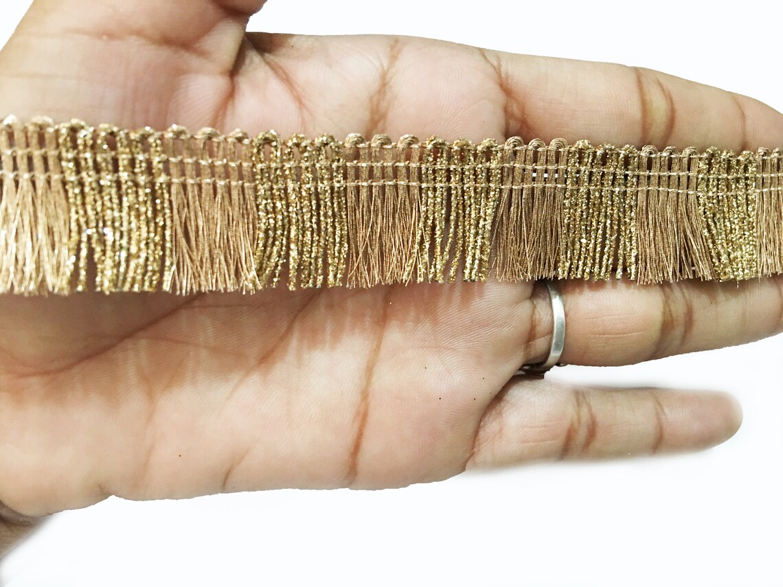 Indian Rose Gold Fringe Lace With Gold Glitter, Kiran Lace, Border Lace