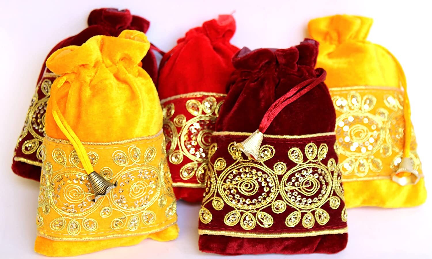 Handmakers Red Yellow Velvet with Eco Fabric Potli bags for