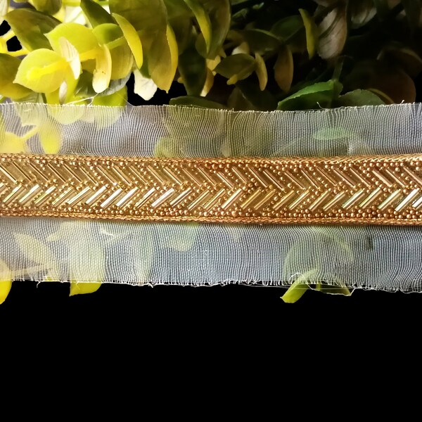 Indian Beautiful Gold Tube Beads Lace Trim With Net Fabric, Glass Tube Beaded Trim Costume Trim Sewing Trim Decorative Lace Price By Yard