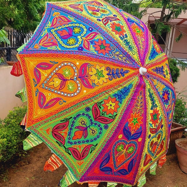 Beautiful Kashmiri Embroidery Umbrella, Indian Handmade Large Parasol Outdoor Patio Decoration, bohemian Beach Umbrella, Garden Umbrellas