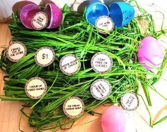 May include: A collection of Easter eggs filled with small wooden circles containing various activities and rewards. The activities include a game night, a movie night, a day with dad, a trip to a movie, an ice cream sundae night, an hour of video games, extra screen time, one day free of chores, one small toy at the store, and $1.
