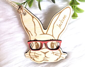 Personalized Easter Basket Tag: Wooden Bunny with Glasses