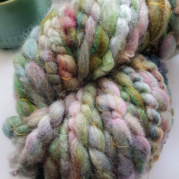 Hand spun, hand dyed, chunky art yarn, 20 metres 50 grams. Knitting crochet weaving.