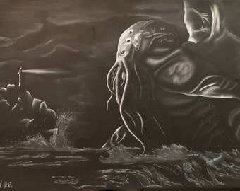 Call of cthulhu charcoal drawing on black cardboard. Fantasy, Lovecraft