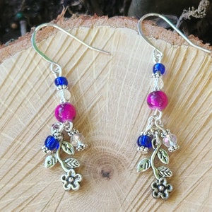 Flower charm dangle earrings - Blue, pink and clear glass bead dangle earrings - Your Pop Of Color - Hand made earrings