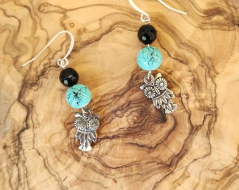 African Tourmaline beads, teal and black plastic beads and owl charms dangle earrings - Owl charm dangle earrings - Your Pop Of Color