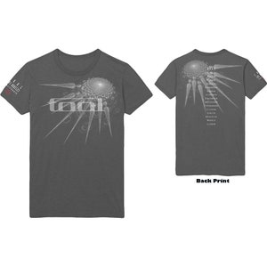 May include: A dark heather grey t-shirt with a white graphic of a spiral design and the word "TOOL" in white. The back of the shirt has a list of cities and dates for the 2019 tour.