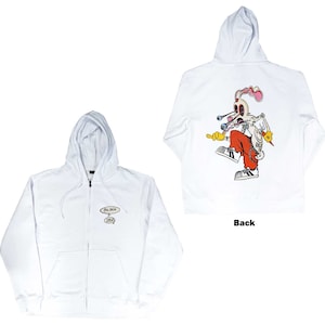 May include: White zip-up hoodie with a cartoon character on the back and the words "Blink 182" on the front.