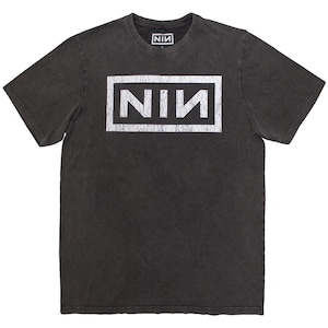 May include: Dark gray t-shirt with a white rectangular graphic featuring the letters "NIN" in a bold, distressed font. The shirt has a crew neck and short sleeves. The band's logo is also printed on the back of the neck.