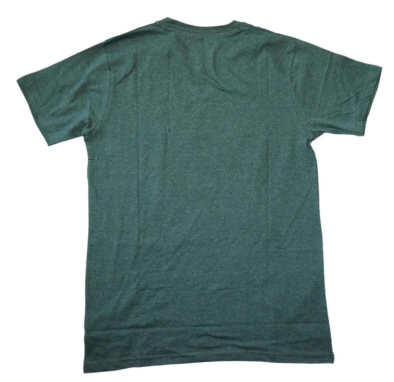 May include: A dark green, short-sleeved t-shirt. The shirt is made of a soft, heathered fabric and has a crew neck. The back of the shirt is visible, showing the simple design and construction.