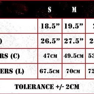 May include: Size chart for clothing with measurements in inches and centimetres. The chart shows chest and length measurements for sizes S, M, L, XL, and 2XL. Tolerance is +/- 2 cm.