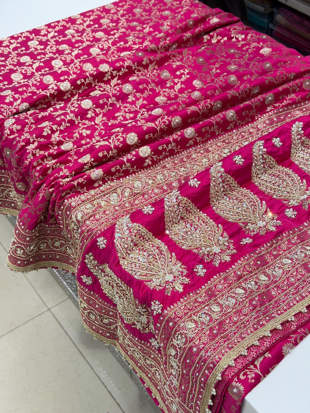 Roopa Rani Rani Pink Banarasi Sona Roopa Jaal Zardosi Hand Embroidery Small Jaal ...