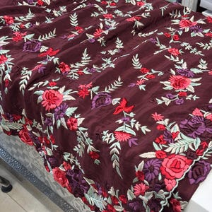 Crimson Crepe Parsi Gara Multi Colour Floral Embroidery