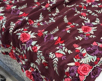 Crimson Crepe Parsi Gara Multi Colour Floral Embroidery