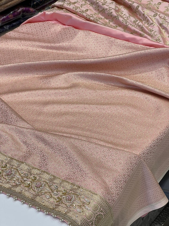 Pastel Pink Banarasi Hand Embroidery Saree