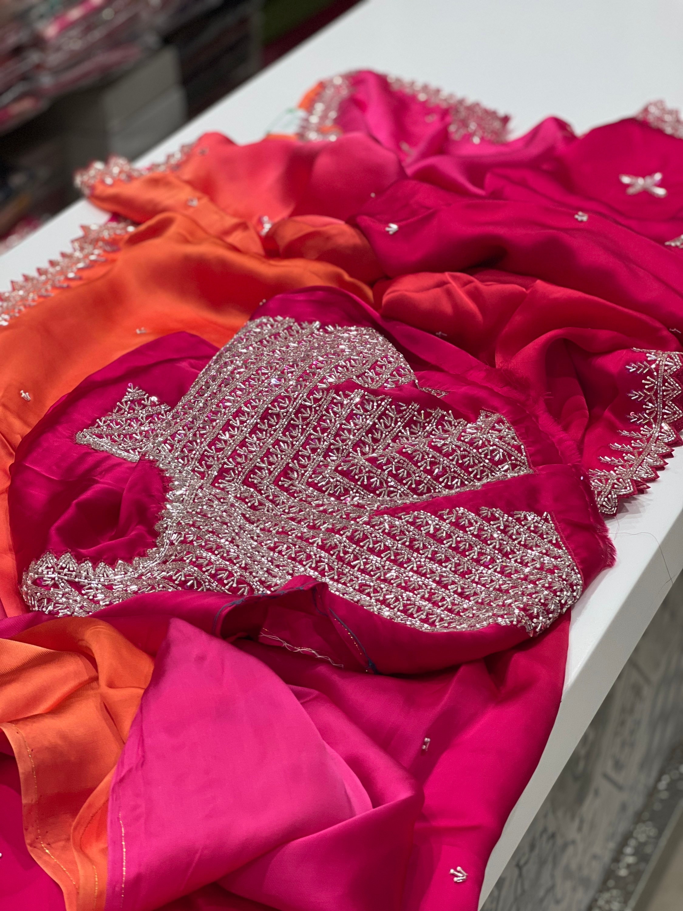 Omber shaded Silk Saree with Embroidery Lace Work, Patchwork and Art Silk Blouse