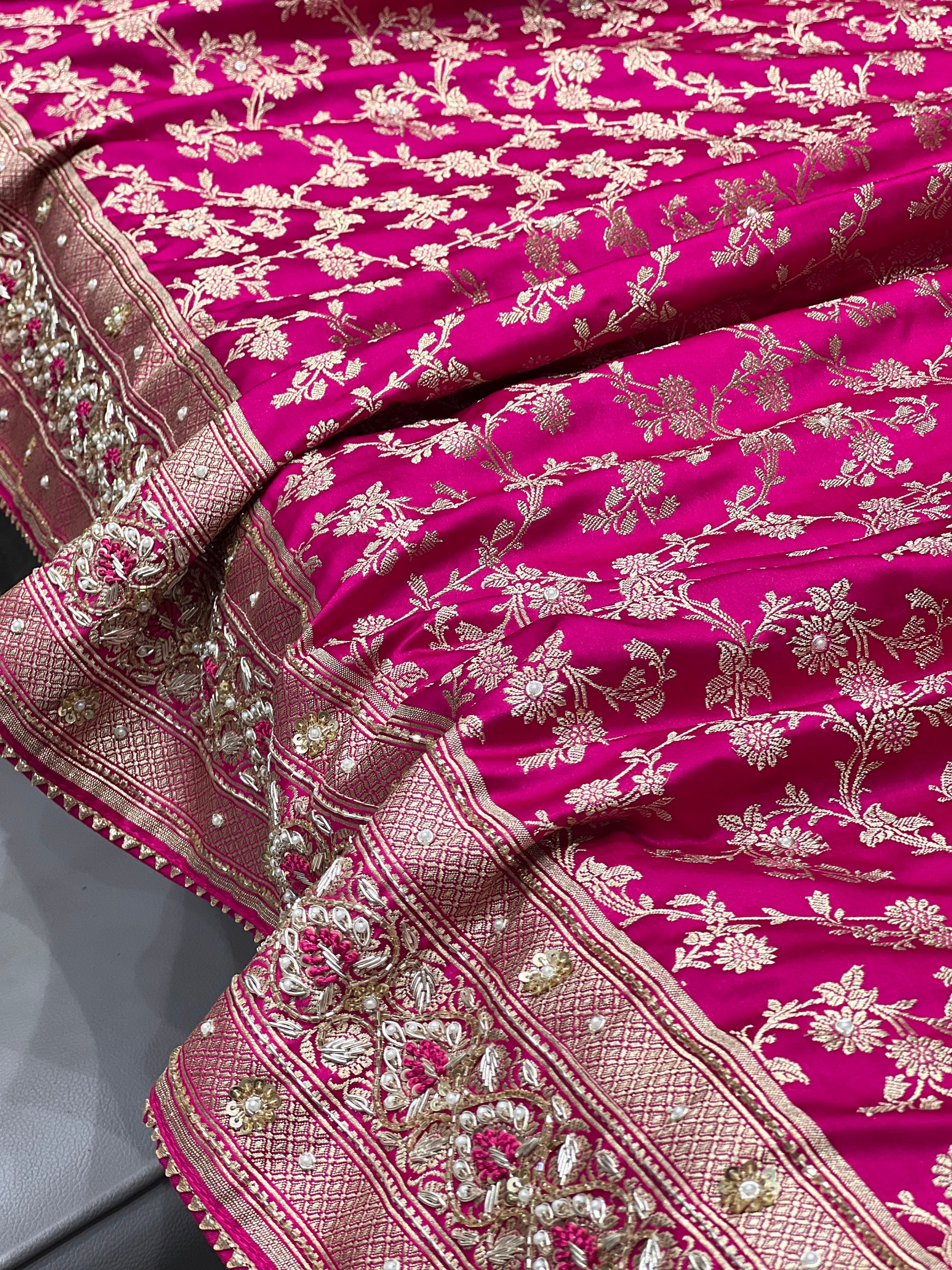 Buy Rani Pink Banarasi Hand Embroidery Saree Online in India