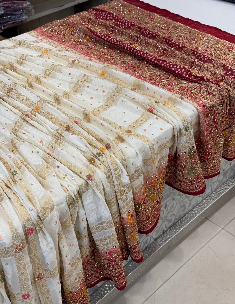 Ajrakh Modal Silk Part Natural Dye Bandhej Border & Bandhej Pallu Gharchola Design Saree Hand Block Print - With Blouse Piece - 5.5 Mtr Length    -  SKU : ZD29A01E main image 1