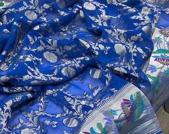 Sari Paithani de georgette azul