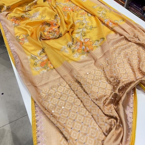 Yellow Satin Print Hand Embroidery Saree