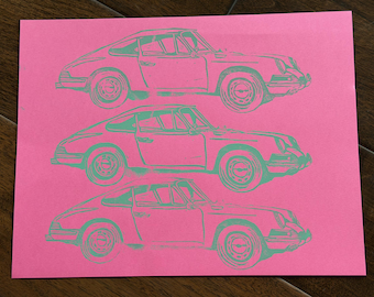 911F Sports Car Linoleum Block Print