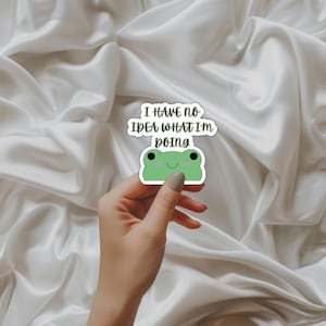 May include: A sticker featuring a green frog and the text "I have no idea what I'm doing".