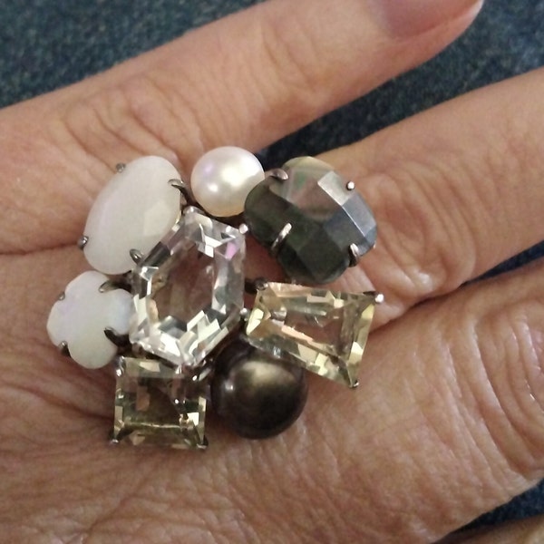 Vintage Art Deco Large Rock Crystal and Pearl Cluster Cocktail Ring 925 Sterling Silver Size 6.5 Heidi Klum