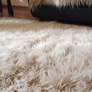 Tapis flokati naturel en laine brute 100 %, tapis luxueux 190 x 213 cm, vintage tribal, tapis à poils longs, non teint, authentique resnach bulgare, neuf