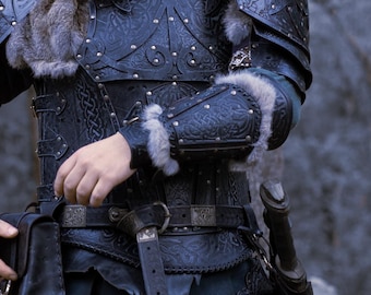 Black leather viking bracers for viking armor. Inspired by Baldur
