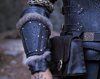 Black leather viking bracers for viking armor. Inspired by Baldur