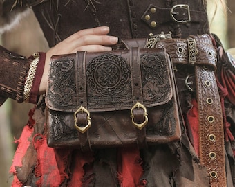 Brown Leather Viking Belt Pouch. Medieval LARP Costume Bag. Nordic Warrior Barbarian Accessory