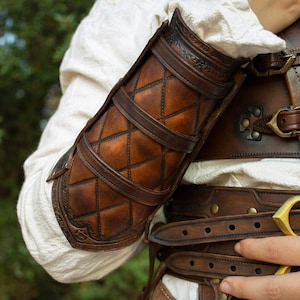 Leather medieval brown bracers for larp or cosplay. Handmade fantasy bracer
